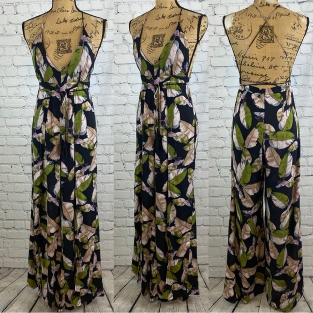 Fab’rik Floral Print Plunge Front Strappy Back Wrap Leg Jumpsuit